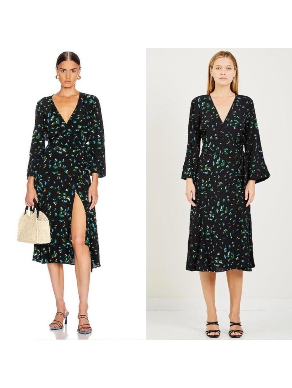 NEW GANNI Verdant Green Long Bell Sleeve Graphic Wrap Dress, size 32 US 0